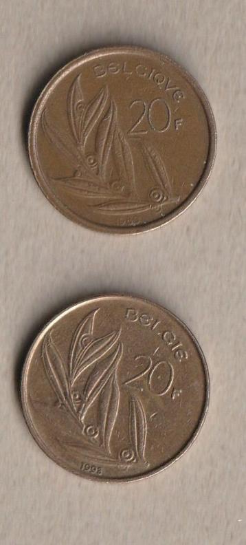 België : 2 (gebruikte) munten van 20 fr (1980 en 1993) beschikbaar voor biedingen