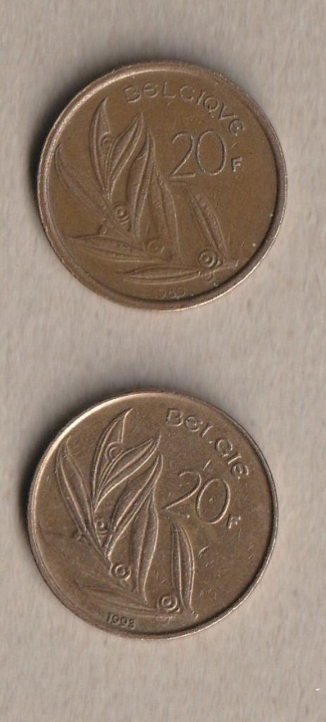 België : 2 (gebruikte) munten van 20 fr (1980 en 1993), Postzegels en Munten, Munten | België, Setje, Ophalen of Verzenden