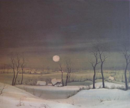 PIET WILLEQUET / WINTERAVOND VLAAMSE ARDENNEN LITHO 56x75cm, Antiek en Kunst, Kunst | Litho's en Zeefdrukken, Ophalen of Verzenden
