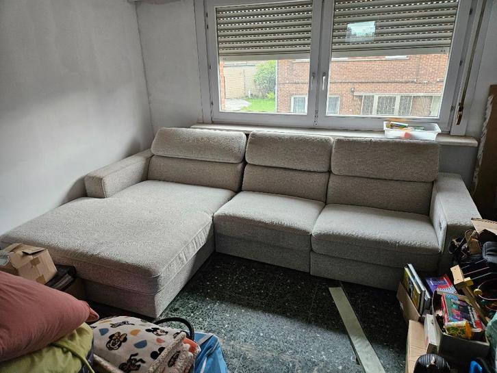 Grijze zetel met longchair., Huis en Inrichting, Zetels | Zetels, Gebruikt, Rechte bank, Vierpersoons of meer, 300 cm of meer