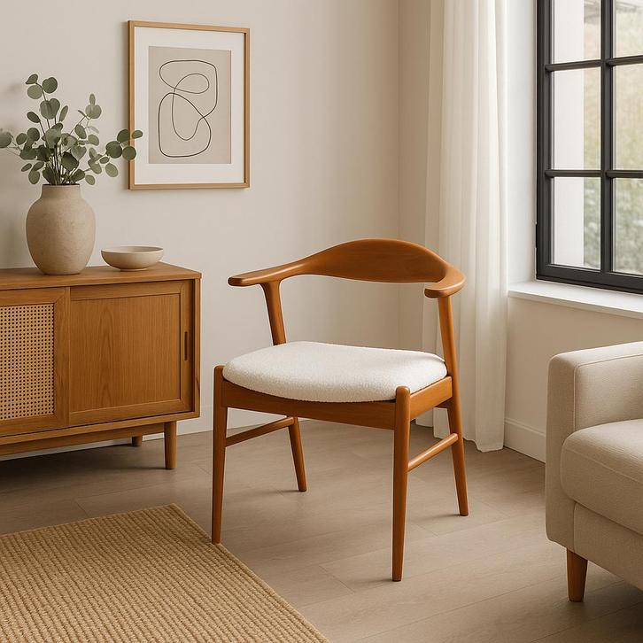 Set van 4 Deense teakhouten designstoelen, Huis en Inrichting, Stoelen, Zo goed als nieuw, Vier, Hout, Stof, Bruin, Ophalen