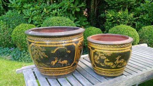 Bloempot keramiek geglazuurd set 2 handgeschilderde potten, Jardin & Terrasse, Pots de fleurs, Utilisé, Terracotta, Intérieur