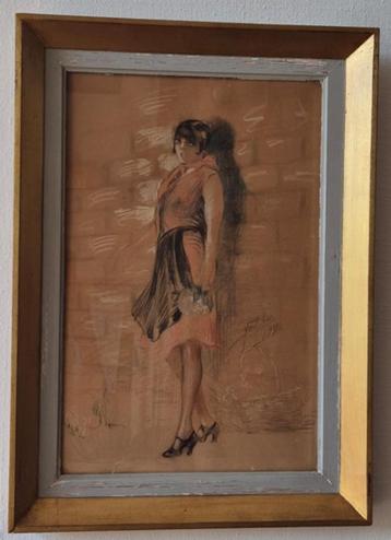 Originele tekening van een vrouw in Art Deco stijl uit 1929 beschikbaar voor biedingen