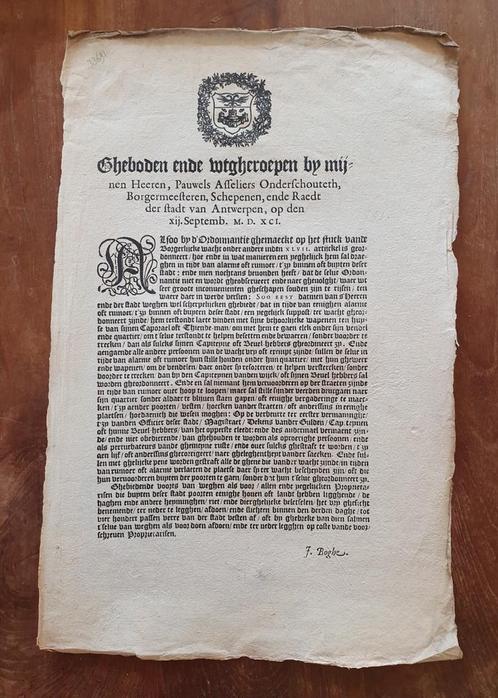 Ordonnantie, plakkaat burgerlijke wacht Antwerpen, 16e eeuw., Antiek en Kunst, Antiek | Boeken en Manuscripten, Ophalen of Verzenden
