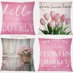 Set van 4 kussenhoezen tulp en fiets lichtroze groen 45x45cm, Huis en Inrichting, Verzenden, Nieuw, Roze, Vierkant