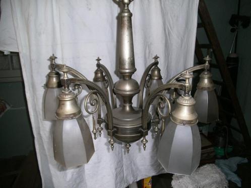 Antiek/vintage- 6-armige luster (Electro-06), Huis en Inrichting, Lampen | Kroonluchters, Gebruikt, Glas, Metaal, Ophalen