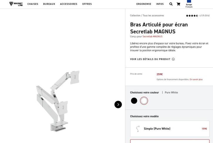Secretlab MAGNUS witte knikarm voor twee schermen, Computers en Software, Monitoren, Nieuw, In hoogte verstelbaar, Kantelbaar
