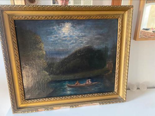 Olieverf op doek, wandeling in het maanlicht, Antiek en Kunst, Kunst | Schilderijen | Klassiek, Ophalen of Verzenden