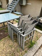 Grijze tuinset met glazen tafel, Tuin en Terras, Ophalen, 4 zitplaatsen, Gebruikt, Aluminium