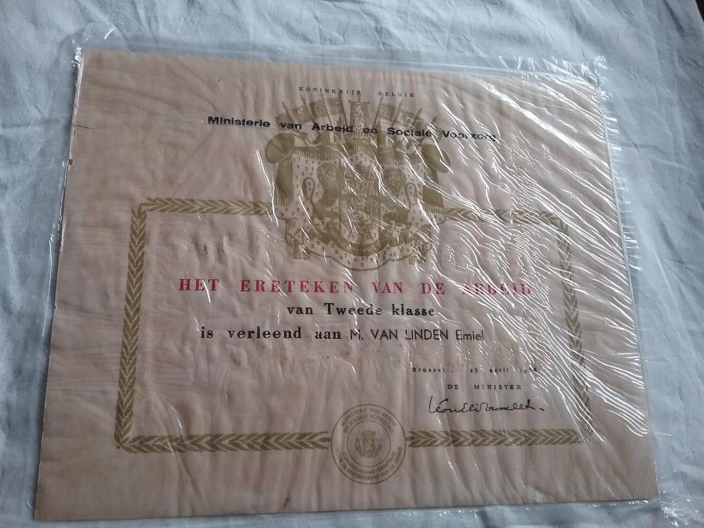 Oorkonde Ereteken van de Arbeid 2de klasse - 1958, Ophalen of Verzenden