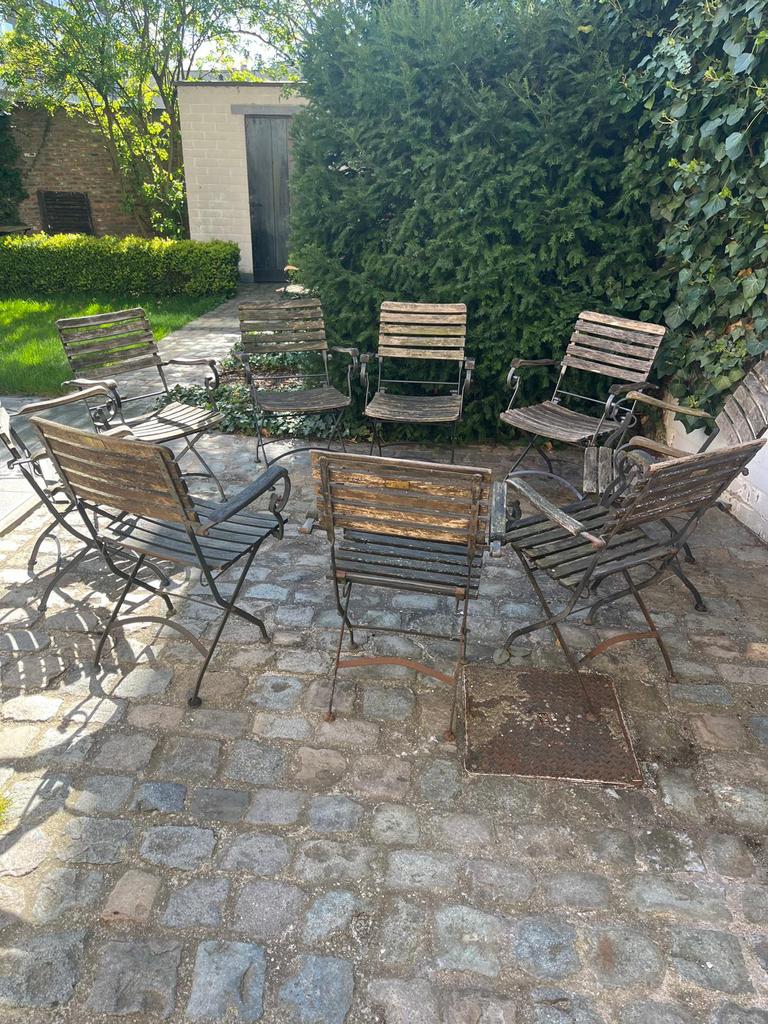 8 tuinstoelen + onderstel tafel, Ophalen, Gebruikt, Teakhout