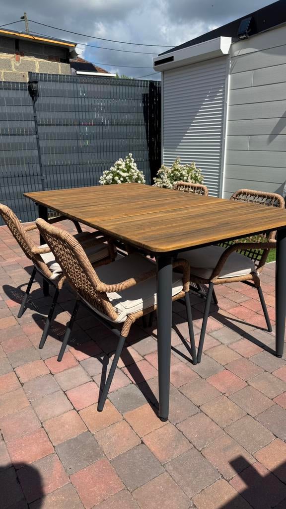 Table + 4 chaises + grand parasol 3m x 3m, Enlèvement, Comme neuf, Bois