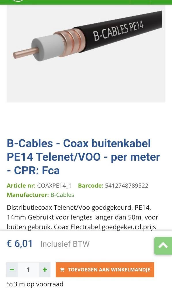 Coax pe14 buitenkabel 15m, Ophalen