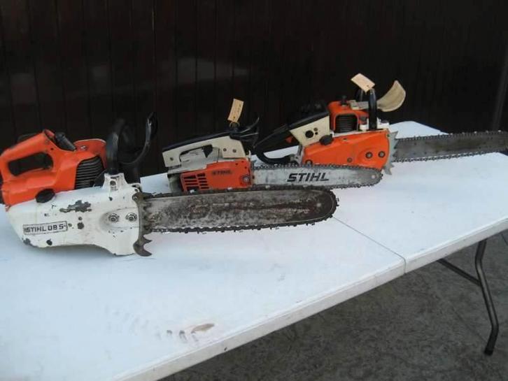 3 oldtimers kettingzagen Stihl 08 S en 020 AV + Solo 620 AV, Tuin en Terras, Hand-tuingereedschap, Ophalen of Verzenden