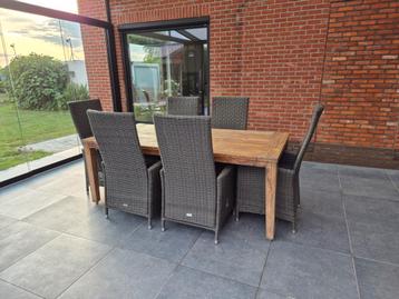 Houten tuintafel (200x100) met 6 wicker relaxstoelen., Enlèvement, Comme neuf, Osier, Sets de jardin