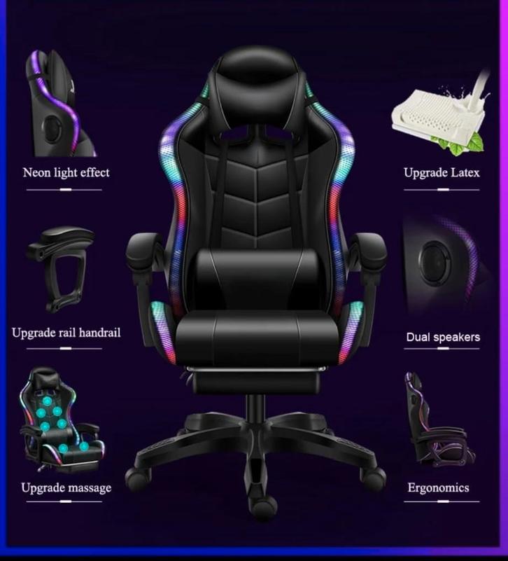 Chaise gaming RGB avec massage et haut-parleurs, Huis en Inrichting, Bureaustoelen, Nieuw, Bureaustoel, Zwart, Ergonomisch, Gaming bureaustoel