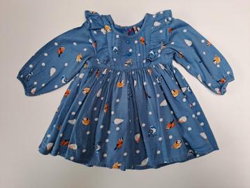 Mt 71 Blauwe jurk met lange mouwen, vogels en ruches beschikbaar voor biedingen