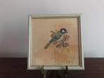 Lijst kader tekening koolmees vogel achter glas gesigneerd, Antiek en Kunst, Ophalen of Verzenden