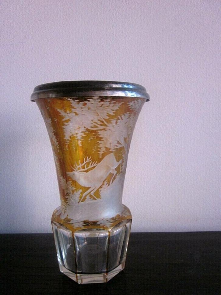 RARE !! Vase Bohême cynégétique Chasse argent Milieu XIXème, Antiek en Kunst, Antiek | Glaswerk en Kristal, Ophalen of Verzenden