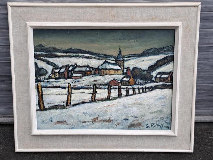 huile sur panneau village enneige signe georges remy 1973, Antiek en Kunst, Kunst | Schilderijen | Klassiek, Ophalen of Verzenden