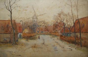 Albert Dutry (1860-1918): Dorpszicht (65 x 47 cm)