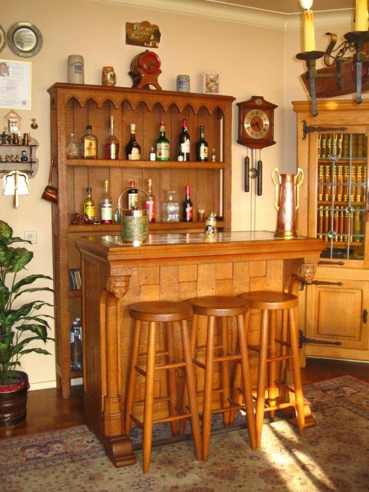 Massief eikenhouten BAR met achterkant en barkrukken, Huis en Inrichting, Kasten | Buffetkasten, Zo goed als nieuw, 150 tot 200 cm