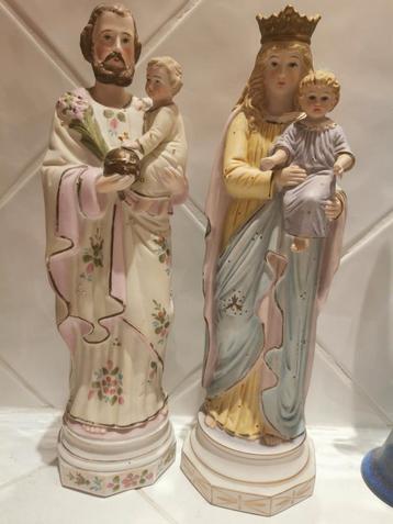 2 Antieke Heiligen beelden in porselein Maria en H, Jozef 