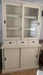 Hoge vitrinekast wit met schuifjes en schuifdeuren, Huis en Inrichting, Ophalen, 100 tot 150 cm, 200 cm of meer, Zo goed als nieuw