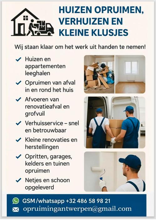 Huizen opruimen, verhuizen en kleine klusjes, Immo, Huizen en Appartementen te koop