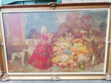 K Van Belle: Oud schilderij, 'bloemenverkoop', 1935 beschikbaar voor biedingen