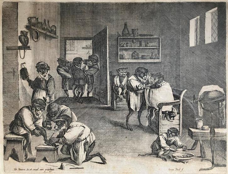Gravure Coryn Boel (1620-1664) Kapperszaak voor apen, Antiek en Kunst, Kunst | Etsen en Gravures, Ophalen of Verzenden