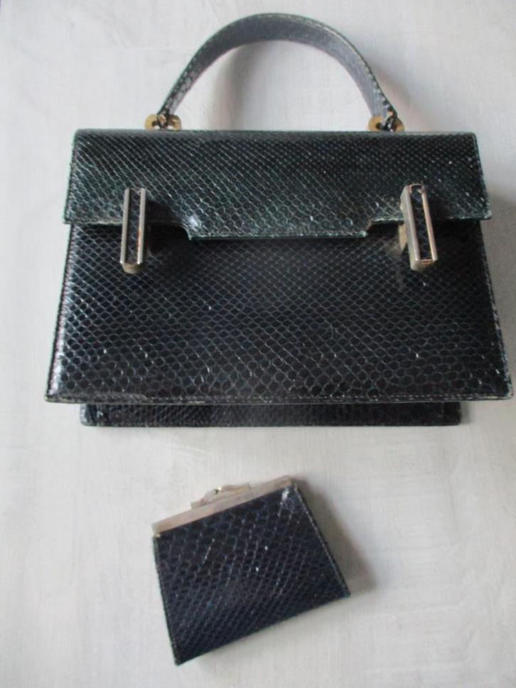 sac à main vintage en cuir de serpent + porte-monnaie, Handtassen en Accessoires, Tassen | Damestassen, Gebruikt, Handtas, Groen