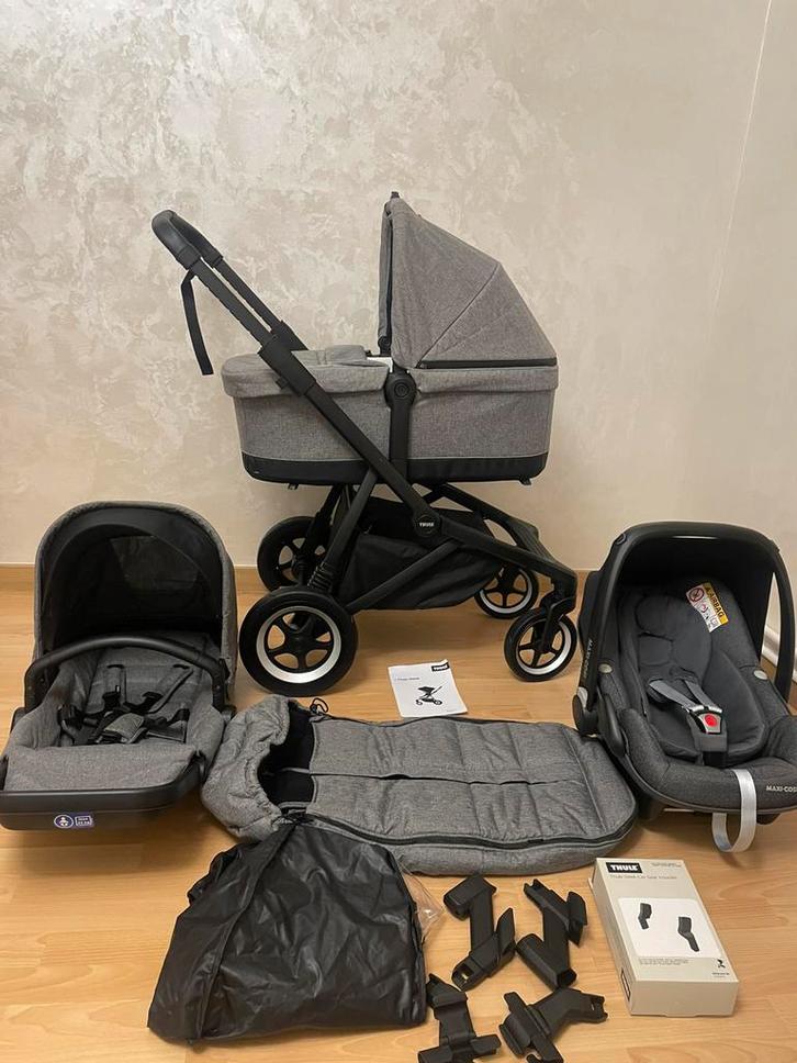 Thule Sleek 3-in-1 Grey Melange On Black complete, Kinderen en Baby's, Kinderwagens en Combinaties, Zo goed als nieuw, Kinderwagen