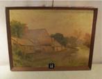 Mooi Oud Geschilderd Werk 'Rivier en Boerderij' - J Ducker, Ophalen of Verzenden