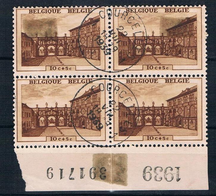 OCB 504 Blok 4 met randinscriptie mooie stempel Courcelles, Postzegels en Munten, Postzegels | Europa | België, Gestempeld, Overig