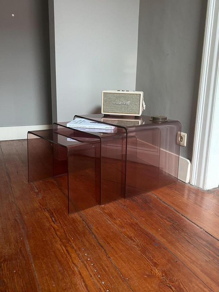 Vintage set plexiglas bijzettafels – Michel Dumas – ‘70, Huis en Inrichting, Tafels | Bijzettafels, Kunststof, Ophalen