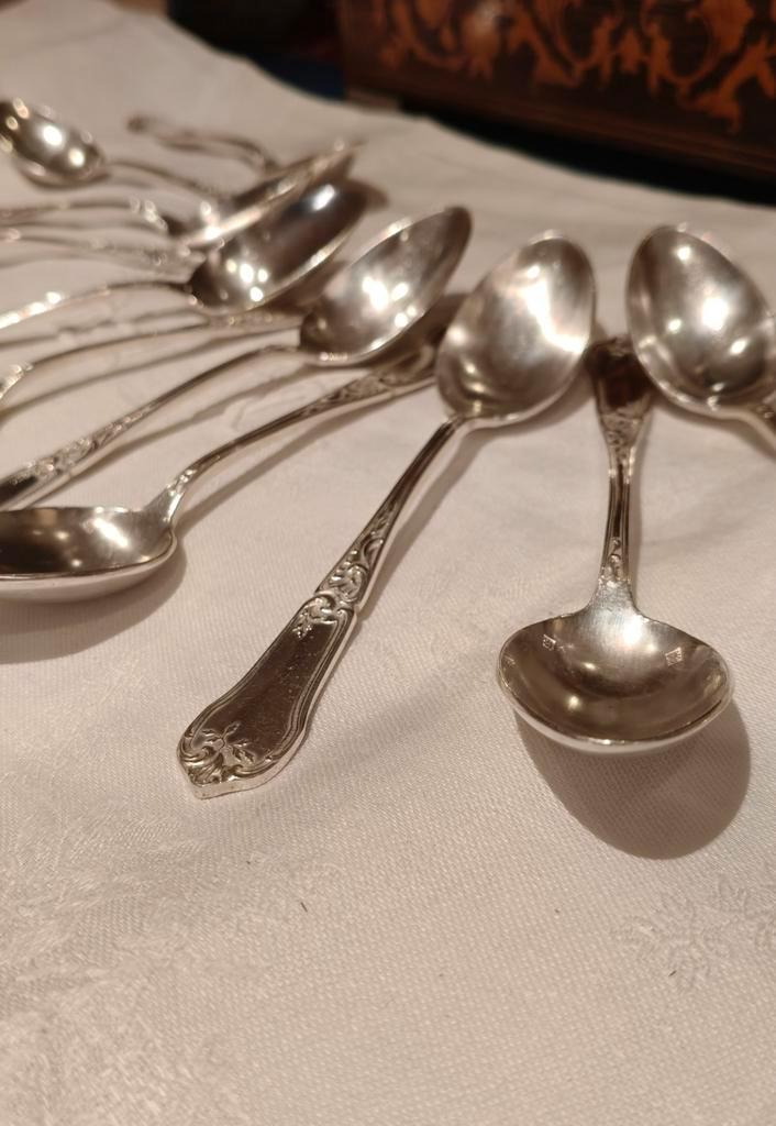 Prachtige set van 12 verzilverde koffielepels Saglier Frères, Antiquités & Art, Antiquités | Argent & Or, Argent, Enlèvement ou Envoi