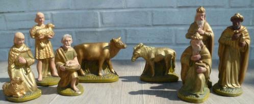 Kerststal 8 beeldjes gouden kleur - Kerstmis - Oud, Diversen, Kerst, Zo goed als nieuw, Ophalen of Verzenden