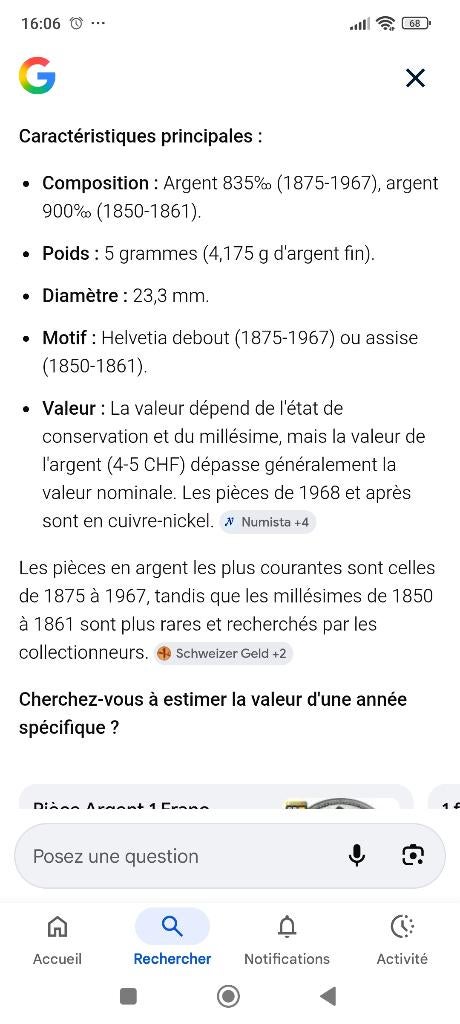 1fr suisse en argent, Enlèvement, Autres pays, Monnaie en vrac, Argent