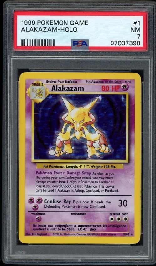 Alakazam Holo PSA 7 - 1/102 - Base Set 1999, Hobby en Vrije tijd, Verzamelkaartspellen | Pokémon, Zo goed als nieuw, Losse kaart