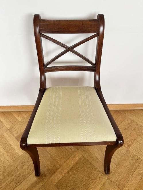 4 mahoniehouten stoelen, groene plaat, Huis en Inrichting, Stoelen, Gebruikt, Vier, Hout, Stof, Overige materialen, Overige kleuren