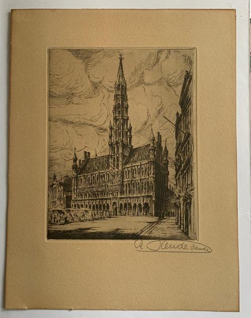 Ets René Vandesande (1889-1946) Grote markt Brussel, Antiek en Kunst, Kunst | Etsen en Gravures, Ophalen of Verzenden