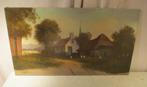 Mooi Oud Geschilderd Werk 'Boerderij en Kerk' - gesigneerd, Antiek en Kunst, Ophalen of Verzenden