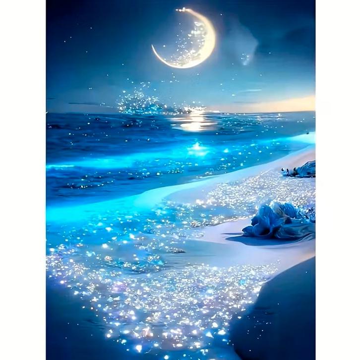 Diamond Painting maanlicht op het strand 50x40cm (vierkant), Hobby en Vrije tijd, Knutselen, Nieuw, Knutselwerk, Verzenden