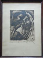 FERNAND ROUSSEAUX / FIANCES MYKONOS / ZW-W ETS 46x34cm KADER, Antiek en Kunst, Kunst | Etsen en Gravures, Ophalen of Verzenden