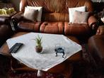 Bruin leren salon 3-zit, 2-zit, 1-zit en eiken  salontafel, Ophalen, Gebruikt, Leer