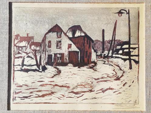 Nackaerts - Ferme en hiver - gravure sur bois/lino - Louvain, Antiquités & Art, Art | Peinture | Classique, Enlèvement ou Envoi