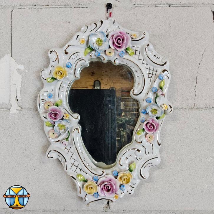 Antieke klein porselein Duitse (Dresden) spiegeltje bloemen, Antiek en Kunst, Antiek | Keramiek en Aardewerk, Ophalen of Verzenden