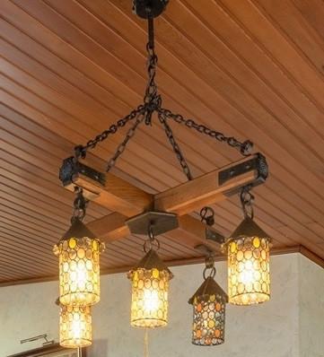 Vintage verlichting met 6 lampen, Huis en Inrichting, Lampen | Hanglampen, Gebruikt, Glas, Hout, Ophalen