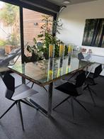 Design eettafel met ruw houten blad, Enlèvement, Comme neuf, Verre